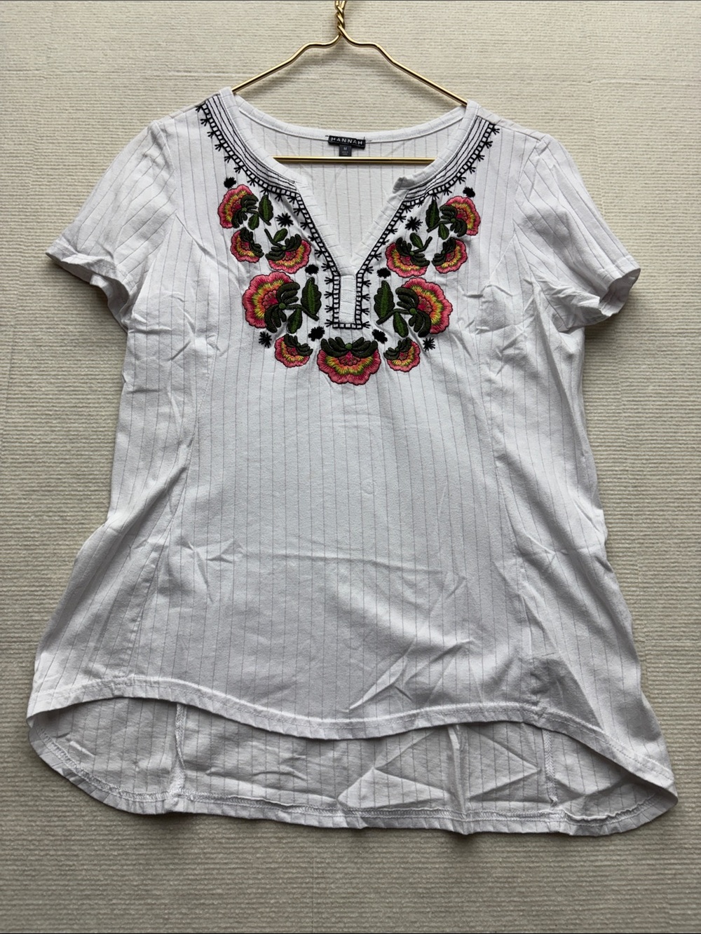 Hannah White Short-Sleeve Embroidered V-Neck Tunic with Pink & Green Floral